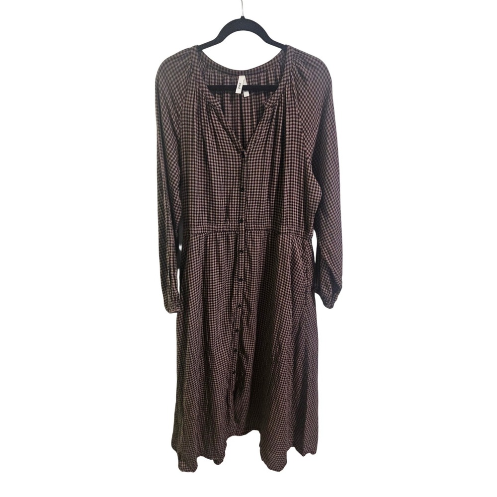 Pact Dress XL Brown Gingham Maxi Dress Organic Cotton Button Front Cottagecore